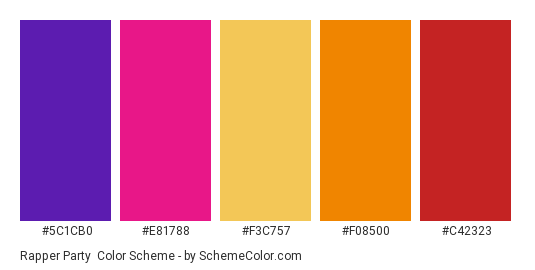 Rapper Party - Color scheme palette thumbnail - #5C1CB0 #E81788 #F3C757 #F08500 #C42323 
