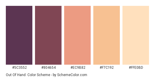 Out of Hand - Color scheme palette thumbnail - #5C3552 #804654 #EC9B82 #F7C192 #FFE0BD 