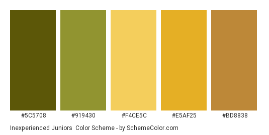 Inexperienced Juniors - Color scheme palette thumbnail - #5C5708 #919430 #F4CE5C #E5AF25 #BD8838 