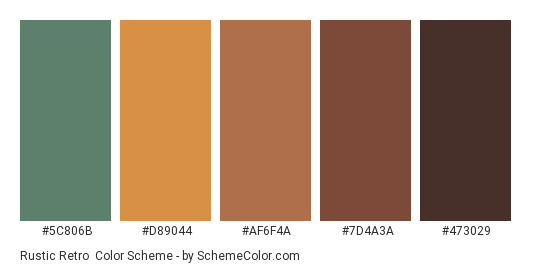 Rustic Retro - Color scheme palette thumbnail - #5C806B #D89044 #AF6F4A #7D4A3A #473029 