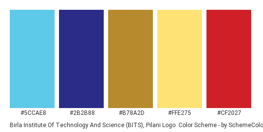 Birla Institute of Technology and Science (BITS), Pilani Logo - Color scheme palette thumbnail - #5CCAE8 #2B2B88 #B78A2D #FFE275 #CF2027 