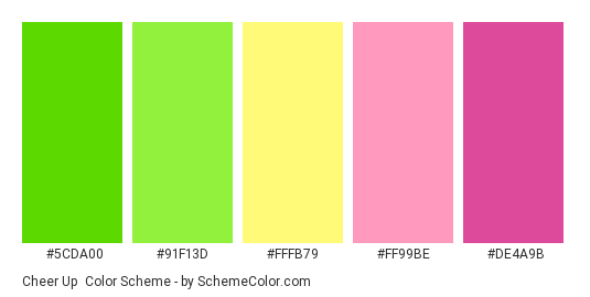 Cheer Up - Color scheme palette thumbnail - #5CDA00 #91F13D #FFFB79 #FF99BE #DE4A9B 