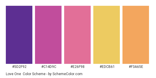 Love One - Color scheme palette thumbnail - #5D2F92 #C14D9C #E26F98 #EDCB61 #F3A65E 