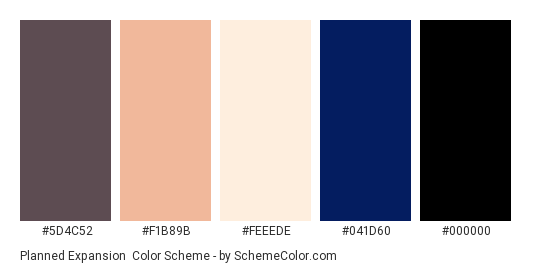 Planned Expansion - Color scheme palette thumbnail - #5D4C52 #F1B89B #FEEEDE #041D60 #000000 