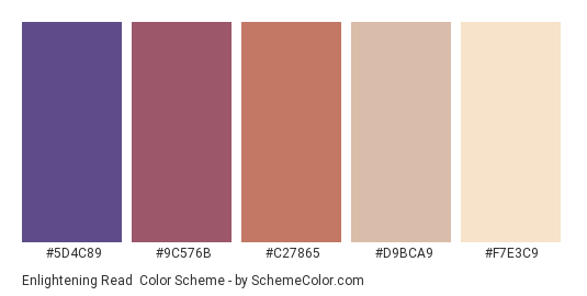 Enlightening Read - Color scheme palette thumbnail - #5D4C89 #9C576B #C27865 #D9BCA9 #F7E3C9 
