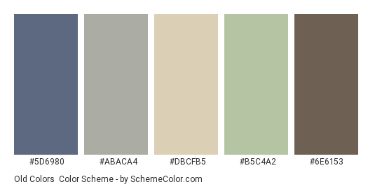 Old Colors - Color scheme palette thumbnail - #5D6980 #ABACA4 #DBCFB5 #B5C4A2 #6E6153 