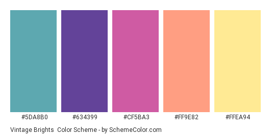 Vintage Brights - Color scheme palette thumbnail - #5DA8B0 #634399 #CF5BA3 #FF9E82 #FFEA94 