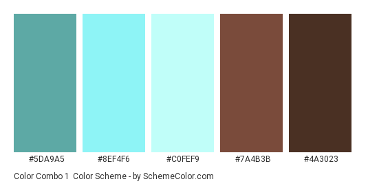 Color Combo 1 - Color scheme palette thumbnail - #5DA9A5 #8EF4F6 #C0FEF9 #7A4B3B #4A3023 