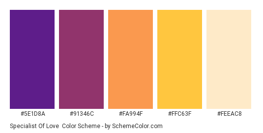 Specialist of Love - Color scheme palette thumbnail - #5E1D8A #91346C #FA994F #FFC63F #FEEAC8 