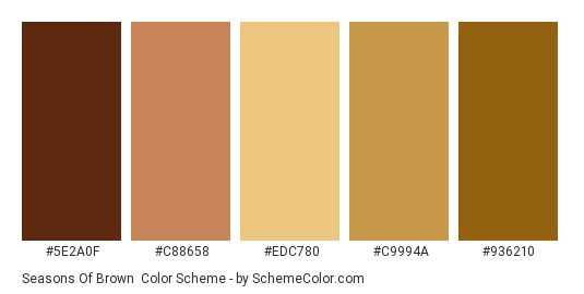 Seasons of Brown - Color scheme palette thumbnail - #5E2A0F #C88658 #EDC780 #C9994A #936210 