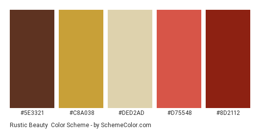 Rustic Beauty - Color scheme palette thumbnail - #5E3321 #C8A038 #DED2AD #D75548 #8D2112 