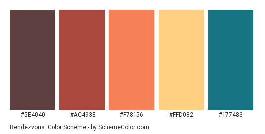 Rendezvous - Color scheme palette thumbnail - #5E4040 #AC493E #F78156 #FFD082 #177483 