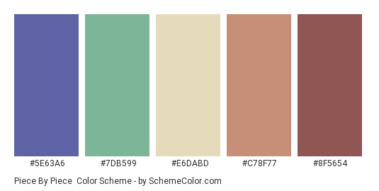 Piece by Piece - Color scheme palette thumbnail - #5E63A6 #7DB599 #E6DABD #C78F77 #8F5654 