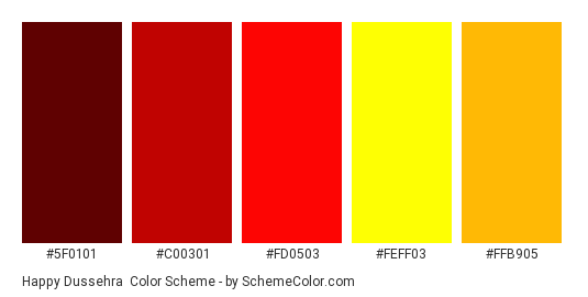 Happy Dussehra - Color scheme palette thumbnail - #5F0101 #C00301 #FD0503 #FEFF03 #FFB905 