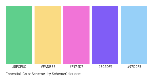 Essential - Color scheme palette thumbnail - #5FCF8C #FADB83 #F174D7 #805df6 #97D0F8 