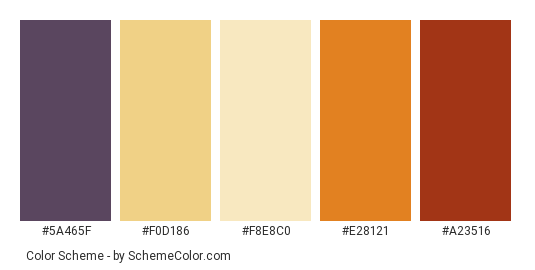 Figs - Color scheme palette thumbnail - #5a465f #f0d186 #f8e8c0 #e28121 #a23516 
