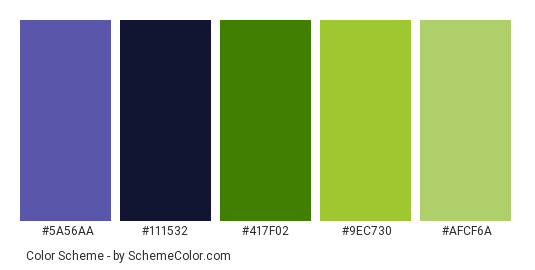 Fresh Blue - Color scheme palette thumbnail - #5a56aa #111532 #417f02 #9ec730 #afcf6a 