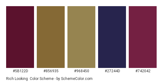 Rich Looking - Color scheme palette thumbnail - #5b122d #856935 #968450 #27244d #742042 