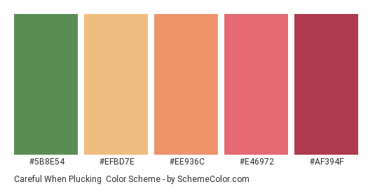 Careful When Plucking - Color scheme palette thumbnail - #5b8e54 #efbd7e #ee936c #e46972 #af394f 