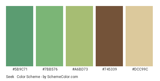 Seek & Find - Color scheme palette thumbnail - #5b9c71 #7bb576 #a6bd73 #745339 #dcc99c 
