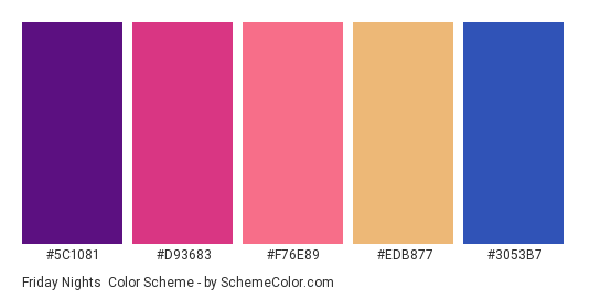 Friday Nights - Color scheme palette thumbnail - #5c1081 #d93683 #f76e89 #edb877 #3053b7 