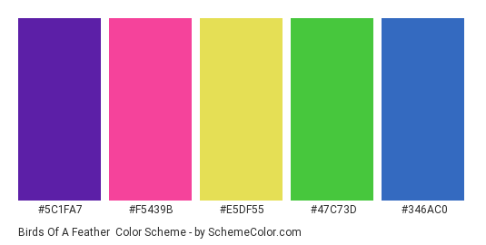 Birds of a Feather - Color scheme palette thumbnail - #5c1fa7 #f5439b #e5df55 #47c73d #346ac0 