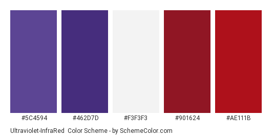 Ultraviolet-InfraRed - Color scheme palette thumbnail - #5c4594 #462d7d #f3f3f3 #901624 #ae111b 