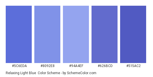 Relaxing Light Blue - Color scheme palette thumbnail - #5c6eda #8092e8 #94a4ef #626bcd #515ac2 