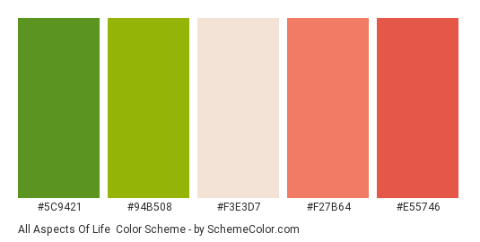 All Aspects of Life - Color scheme palette thumbnail - #5c9421 #94b508 #f3e3d7 #f27b64 #e55746 