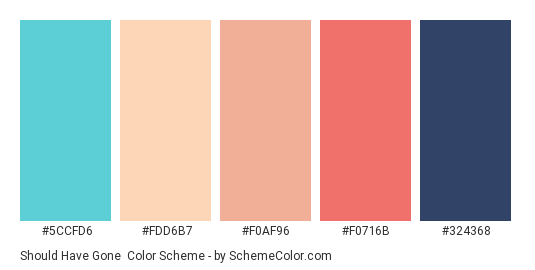 Should Have Gone - Color scheme palette thumbnail - #5ccfd6 #fdd6b7 #f0af96 #f0716b #324368 