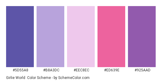 Girlie World - Color scheme palette thumbnail - #5d55a8 #b8a3dc #eec8ec #ED639E #925AAD 