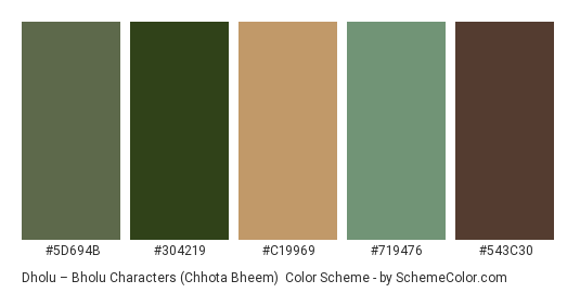 Dholu – Bholu Characters (Chhota Bheem) - Color scheme palette thumbnail - #5d694b #304219 #c19969 #719476 #543c30 