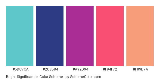 Bright Significance - Color scheme palette thumbnail - #5dc7ca #2c3b84 #a92d94 #f94f72 #f89d7a 