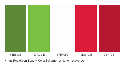 Xmas Red Green Beauty - Color scheme palette thumbnail - #5e8938 #7ac043 #fdfdfd #da1c38 #b41931 