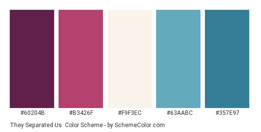 They Separated Us - Color scheme palette thumbnail - #60204B #B3426F #F9F3EC #63AABC #357E97 