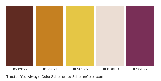 Trusted You Always - Color scheme palette thumbnail - #602b22 #c58021 #e5c645 #ebddd3 #792f57 