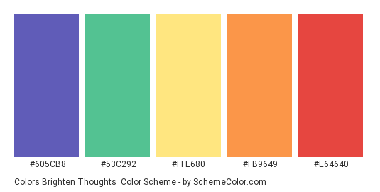 Colors Brighten Thoughts - Color scheme palette thumbnail - #605CB8 #53C292 #FFE680 #FB9649 #E64640 