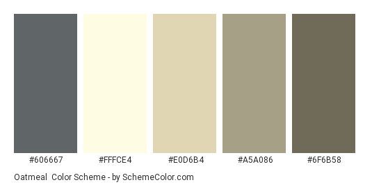 Oatmeal - Color scheme palette thumbnail - #606667 #fffce4 #e0d6b4 #a5a086 #6f6b58 