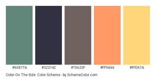 Cider on the Side - Color scheme palette thumbnail - #60877A #323142 #70625F #FF9A66 #FFD67A 