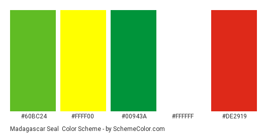 Madagascar Seal - Color scheme palette thumbnail - #60bc24 #ffff00 #00943a #ffffff #de2919 