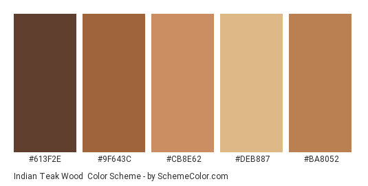 Indian Teak Wood - Color scheme palette thumbnail - #613F2E #9F643C #CB8E62 #DEB887 #BA8052 
