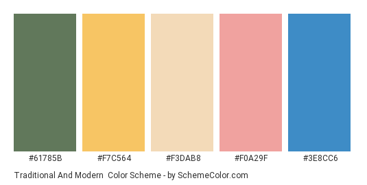 Traditional and Modern - Color scheme palette thumbnail - #61785B #F7C564 #F3DAB8 #F0A29F #3E8CC6 