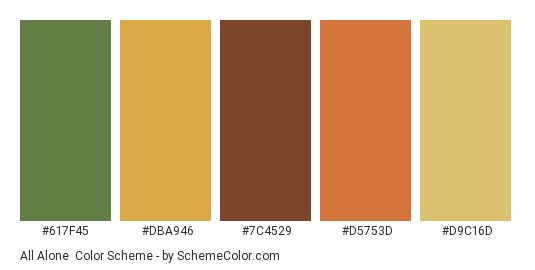 All Alone - Color scheme palette thumbnail - #617F45 #DBA946 #7C4529 #D5753D #D9C16D 