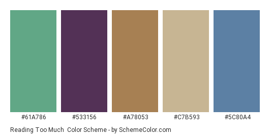 Reading Too Much - Color scheme palette thumbnail - #61a786 #533156 #a78053 #c7b593 #5c80a4 