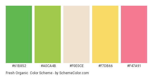 Fresh Organic - Color scheme palette thumbnail - #61b852 #a0ca4b #f0e0ce #f7db66 #f47a91 