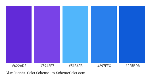 Blue Friends - Color scheme palette thumbnail - #622ad8 #7942e7 #51b6fb #297fec #0f5bd8 