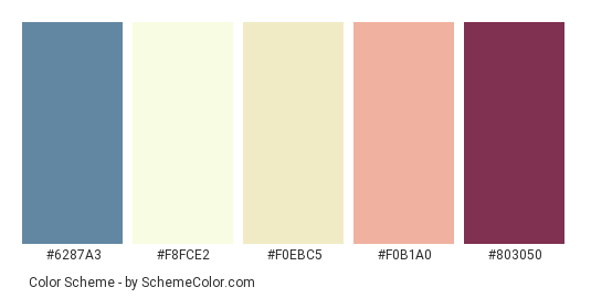 Retro Fashion - Color scheme palette thumbnail - #6287a3 #f8fce2 #f0ebc5 #f0b1a0 #803050 