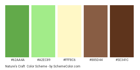 Nature’s Craft - Color scheme palette thumbnail - #62AA4A #A2EC89 #FFF8C6 #885D44 #5E341C 