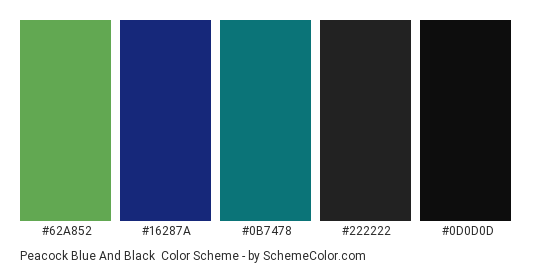 Peacock Blue and Black - Color scheme palette thumbnail - #62a852 #16287a #0b7478 #222222 #0d0d0d 