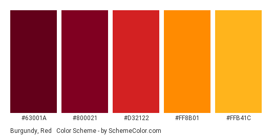 Burgundy, Red & Orange - Color scheme palette thumbnail - #63001A #800021 #D32122 #FF8B01 #FFB41C 